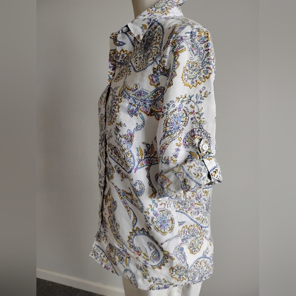 Chico's Linen Button Up Shirt Pastel Paisley White Coastal Classic Size Medium - Picture 6 of 14